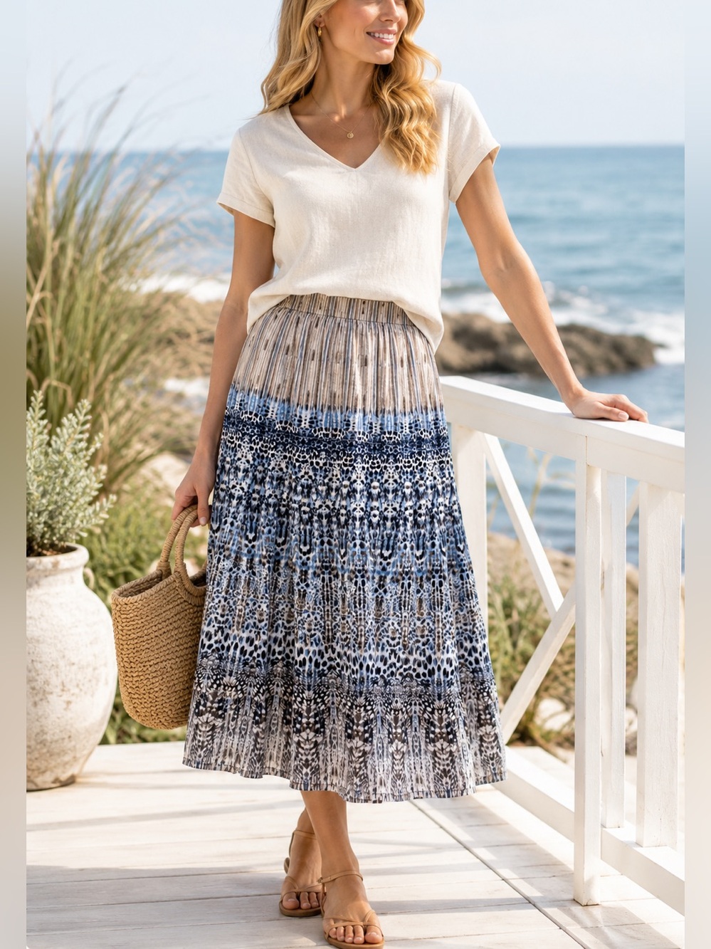 Liz Claiborne Cotton Midi Skirt Blue Print Lined Boho Coastal Cottagecore